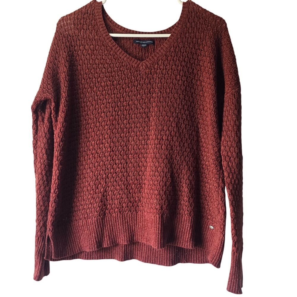 American Eagle V-Neck Sweater Womens S Rust Wool Blend Textured Cozy‎ CabinCore